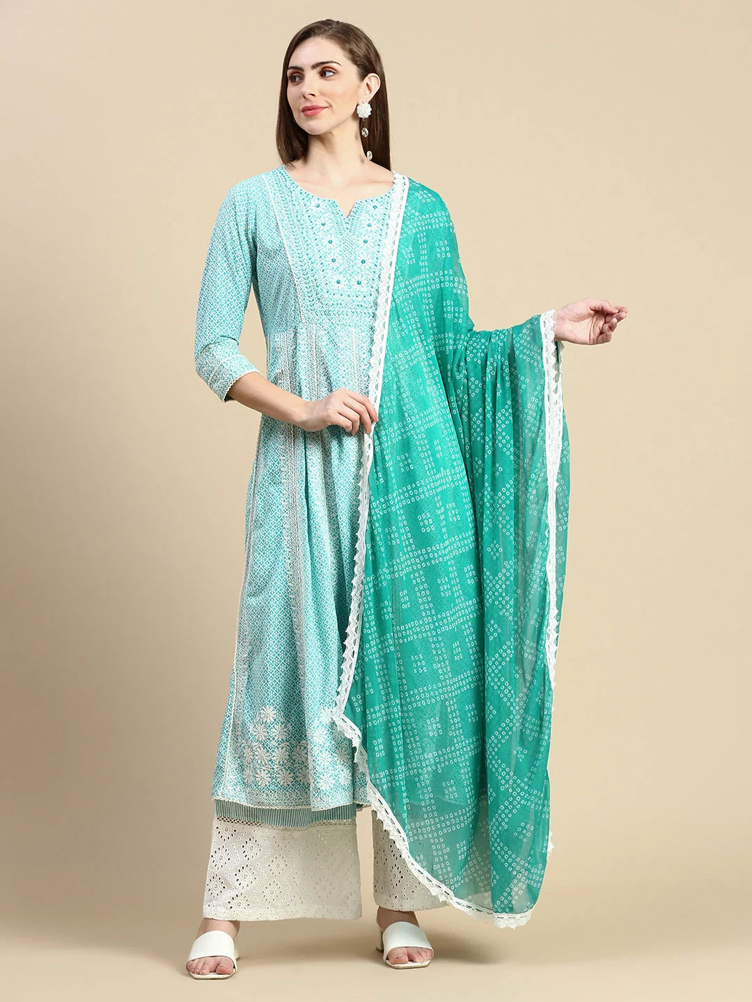 Turquoise Floral Anarkali Kurta Set | Cotton Indian Kurta