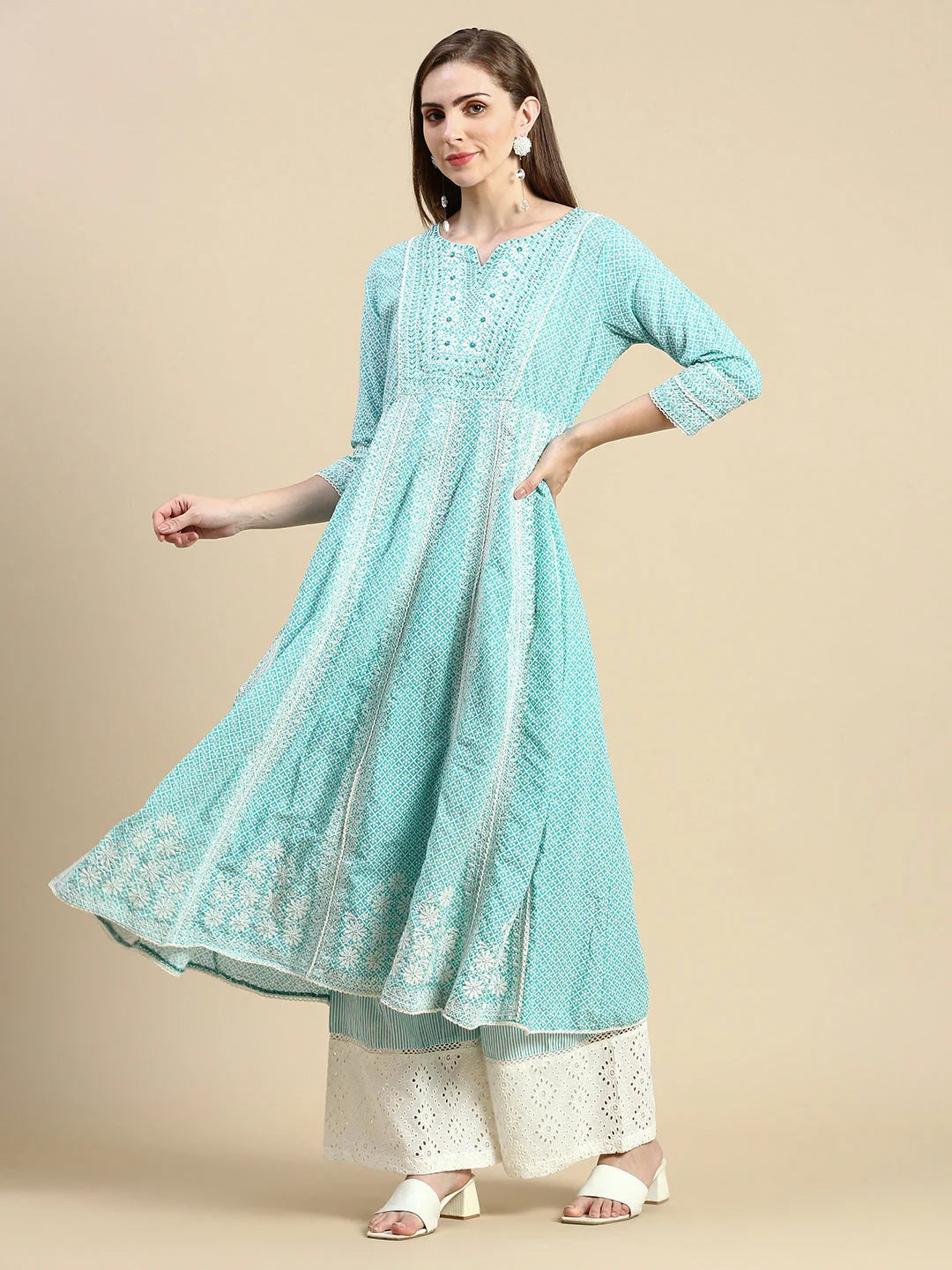 Turquoise Floral Anarkali Kurta Set | Cotton Indian Kurta
