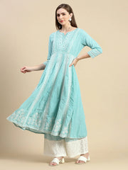 Women Floral Turquoise Blue Anarkali Kurta Set with Dupatta-GW-3228-Turquoiseblue