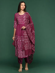 Women Bandhani Maroon A-Line Kurta Set with Dupatta-GW-3376-B-Maroon