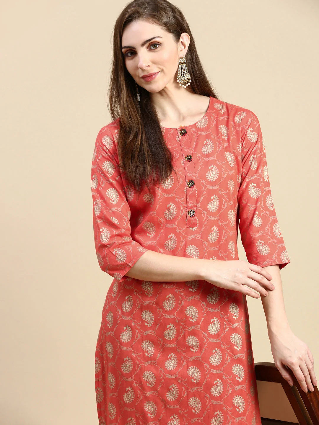 Women's Orange Paisley Cotton Indian Kurta Online
