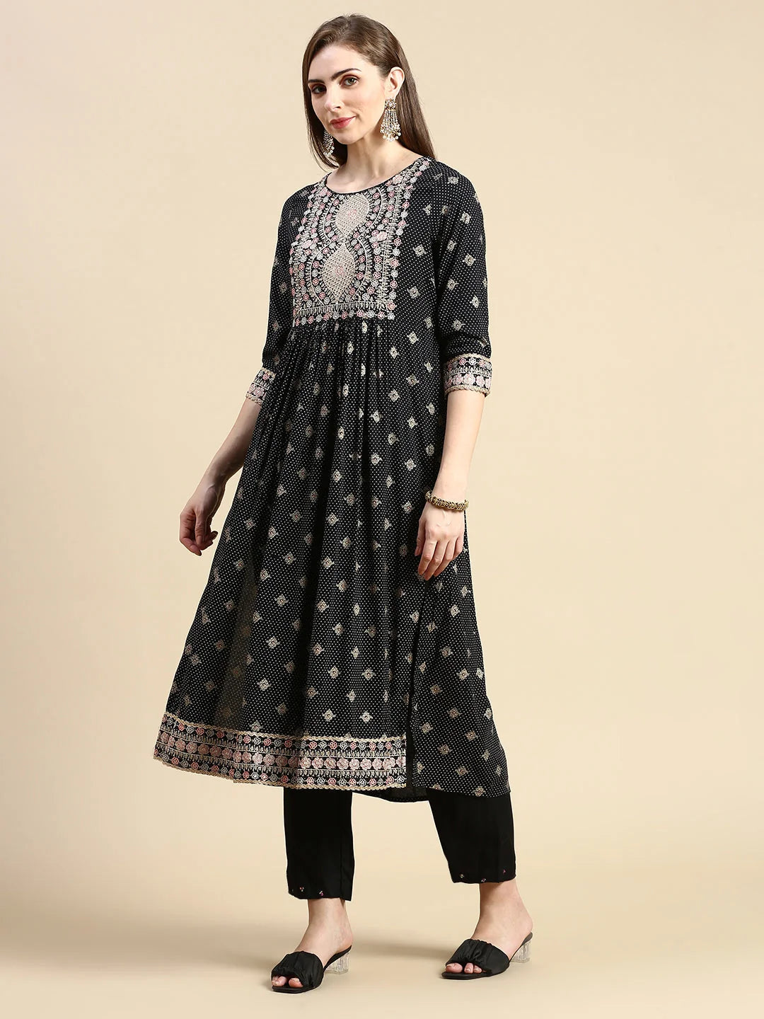 Black Floral Anarkali Kurta - Women's Cotton Anarkali Suit Set