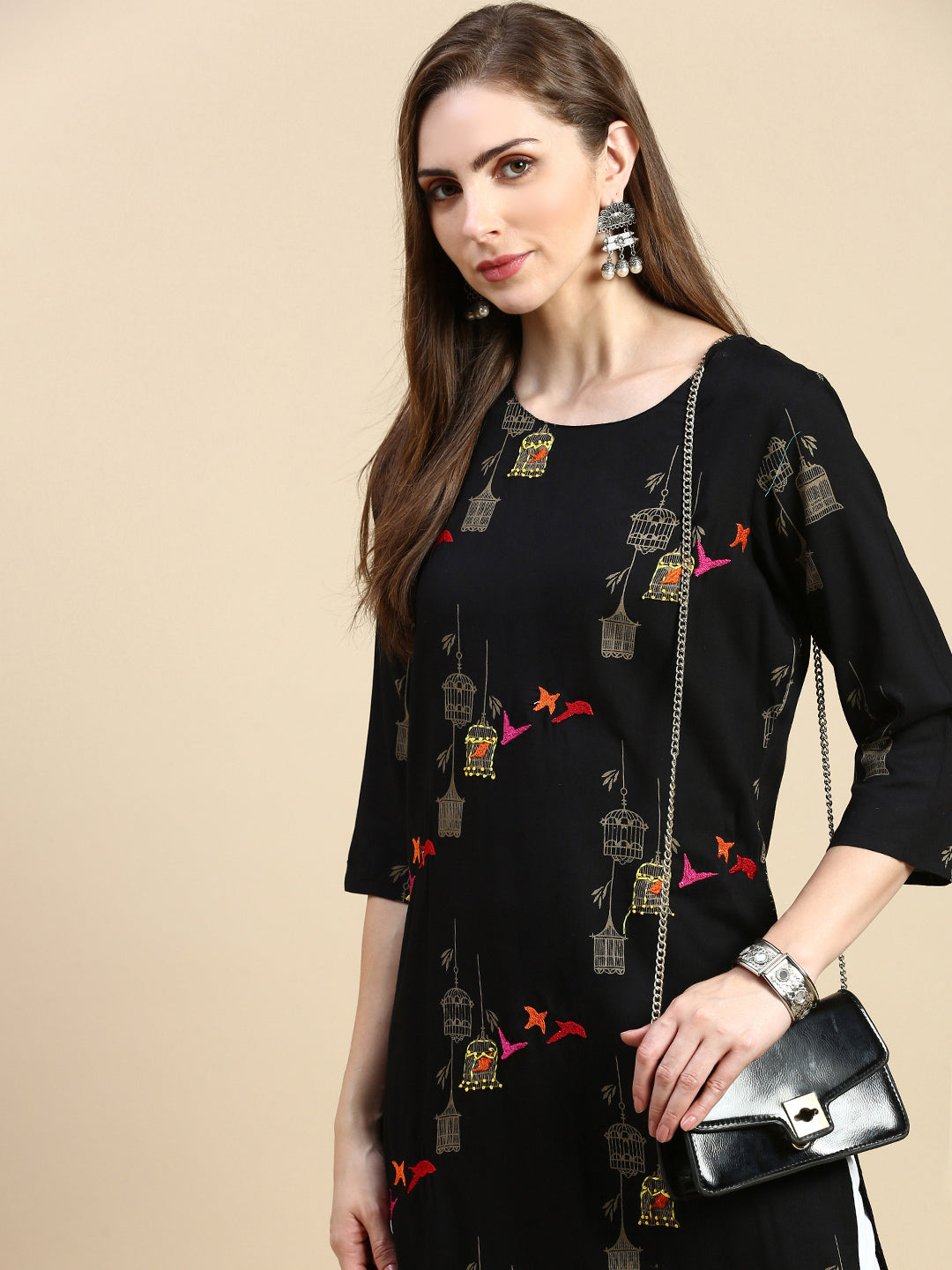 Black Ethnic Motifs Cotton Indian Kurta Ladies - DesiQlo