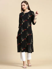 Women Ethnic Motifs Black Straight Kurta-GW-418-A-Black