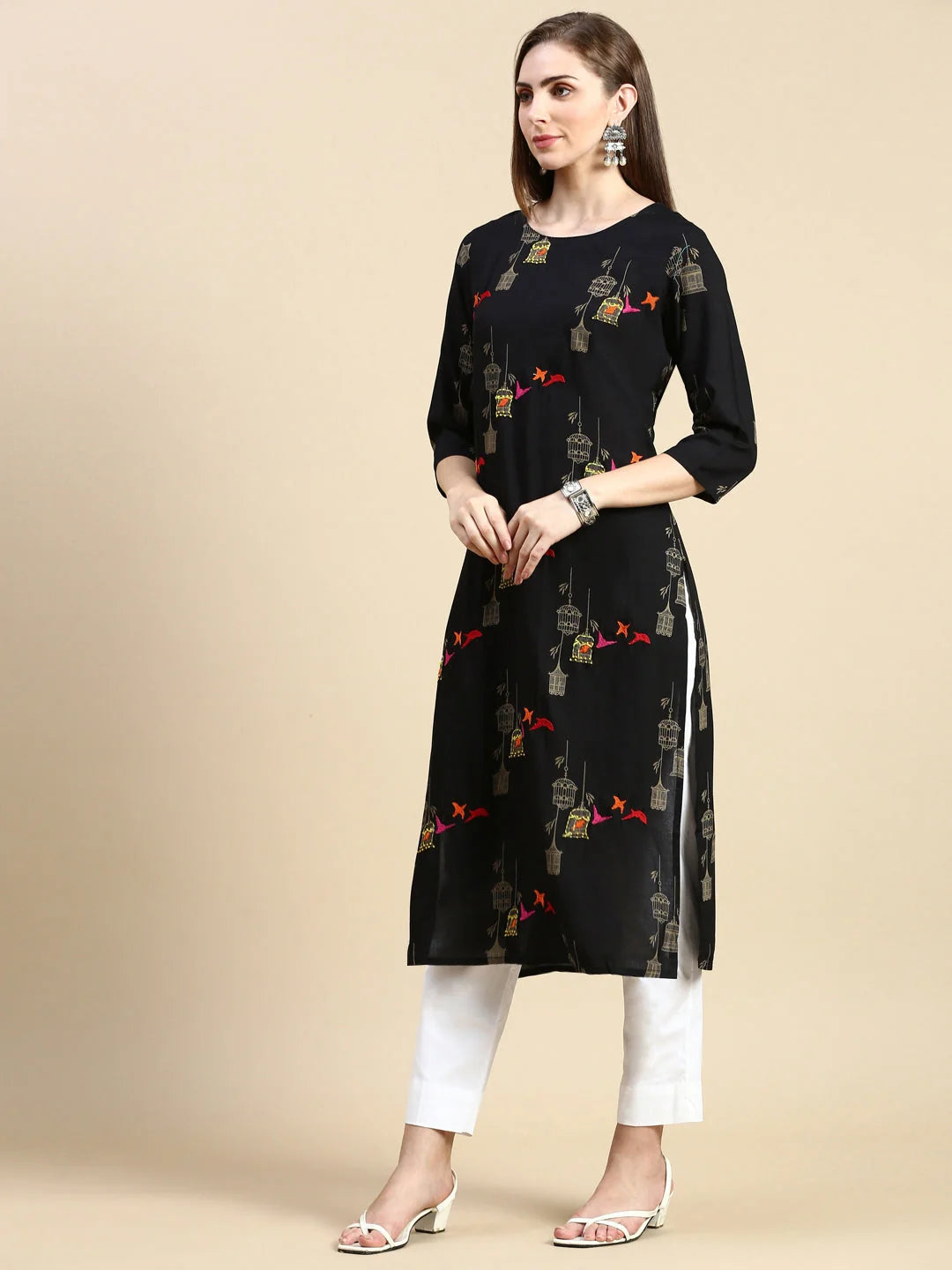 Black Ethnic Motifs Cotton Indian Kurta Ladies - DesiQlo