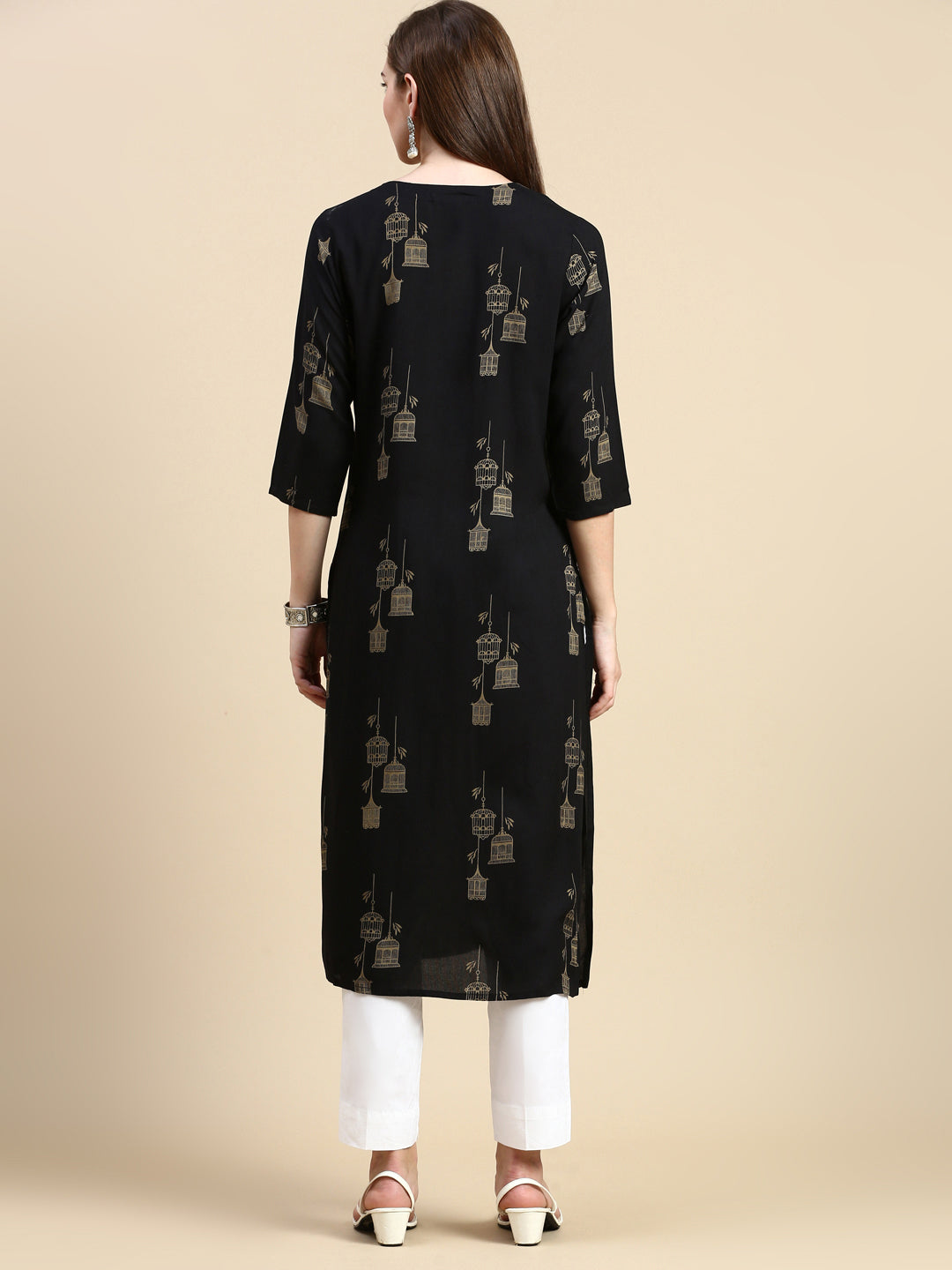 Black Ethnic Motifs Cotton Indian Kurta Ladies - DesiQlo