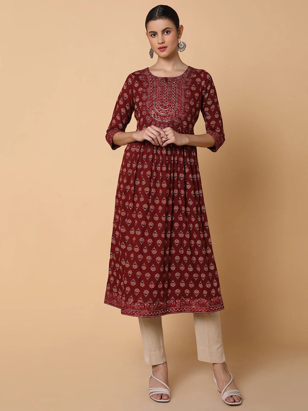 Maroon Ethnic Motifs Anarkali Kurta | Cotton Anarkali Kurti