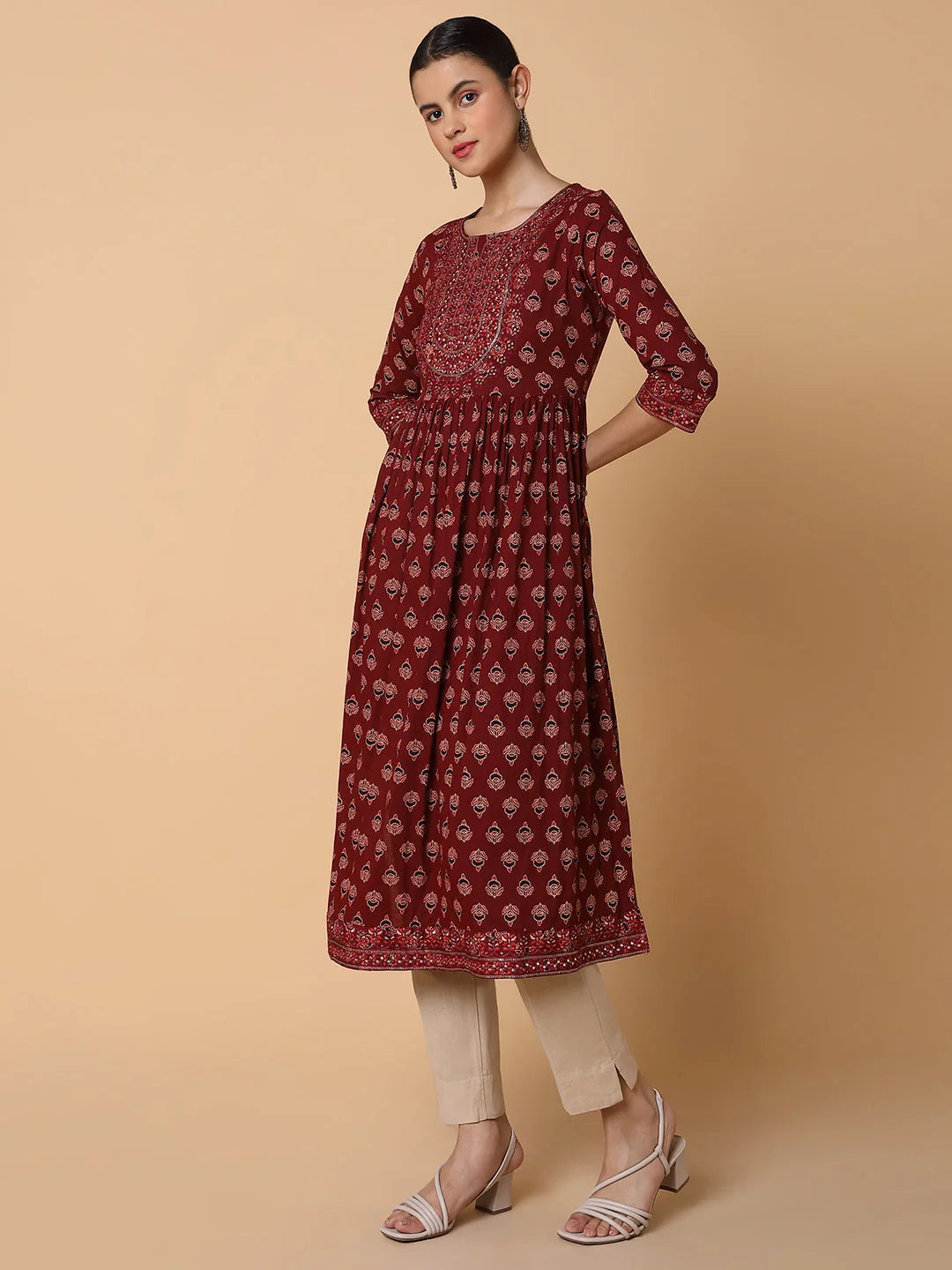 Maroon Ethnic Motifs Anarkali Kurta | Cotton Anarkali Kurti