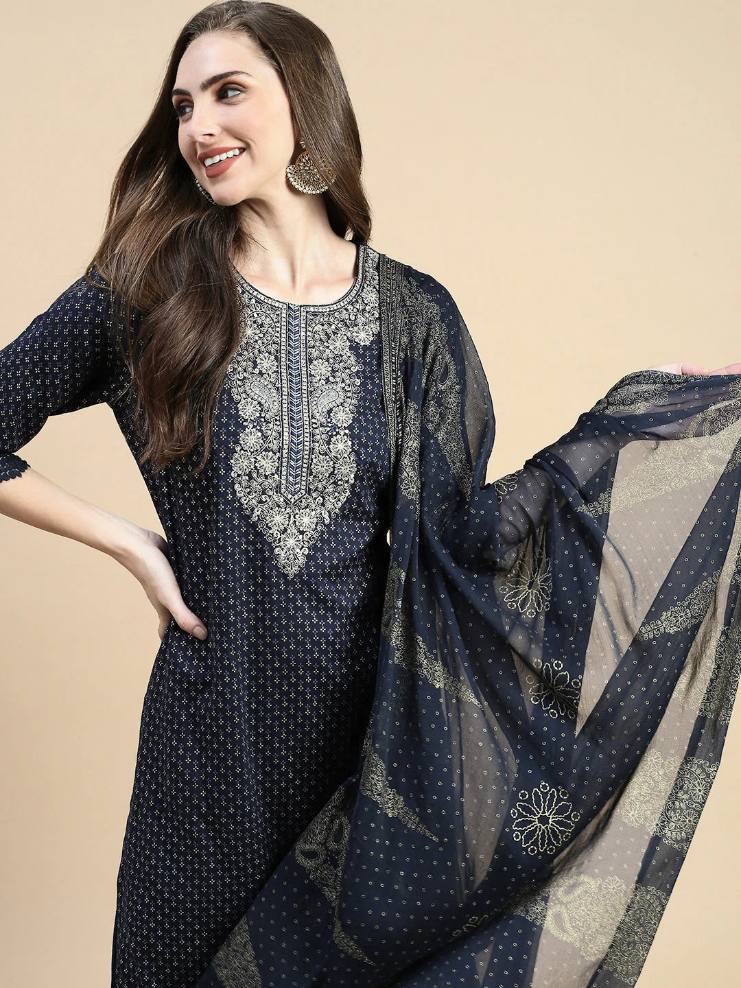 Navy Blue Floral Women's Kurta Set with Dupatta | Cotton Kurtas