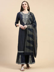 Women Floral Navy Blue Straight Kurta Set with Dupatta-GW-4444B-Navyblue