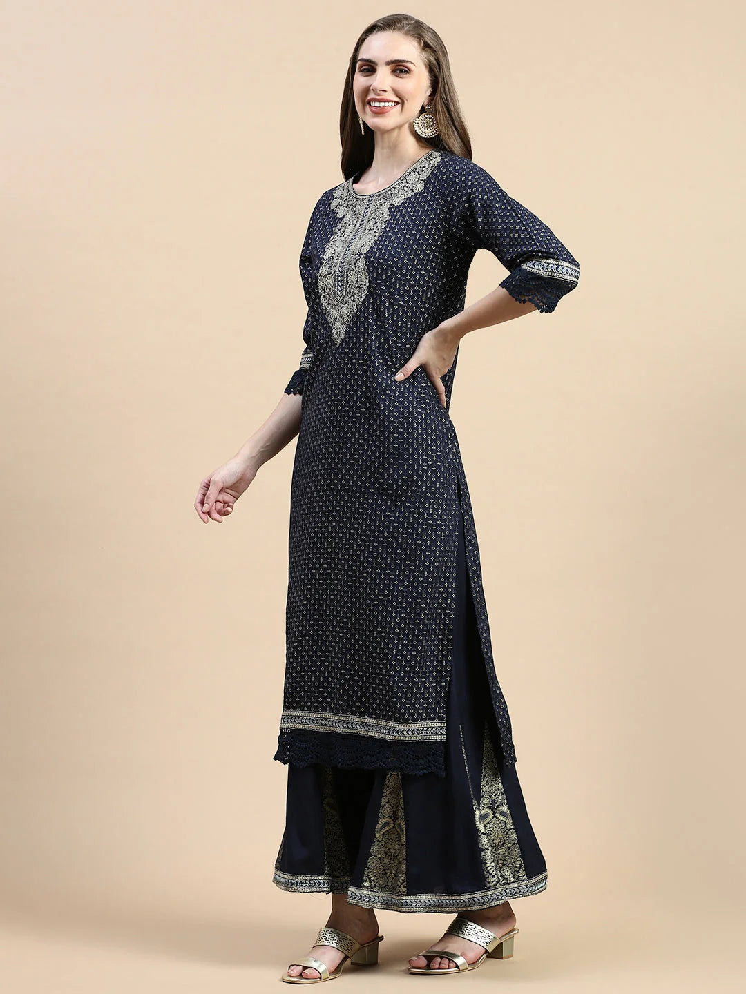 Navy Blue Floral Women's Kurta Set with Dupatta | Cotton Kurtas