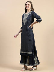 Women Floral Navy Blue Straight Kurta Set with Dupatta-GW-4444B-Navyblue