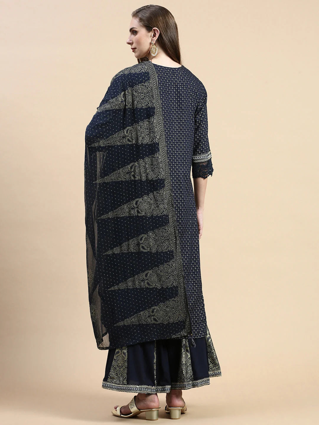 Navy Blue Floral Women's Kurta Set with Dupatta | Cotton Kurtas