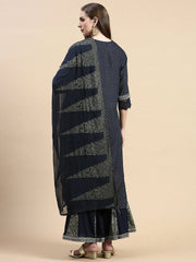 Women Floral Navy Blue Straight Kurta Set with Dupatta-GW-4444B-Navyblue