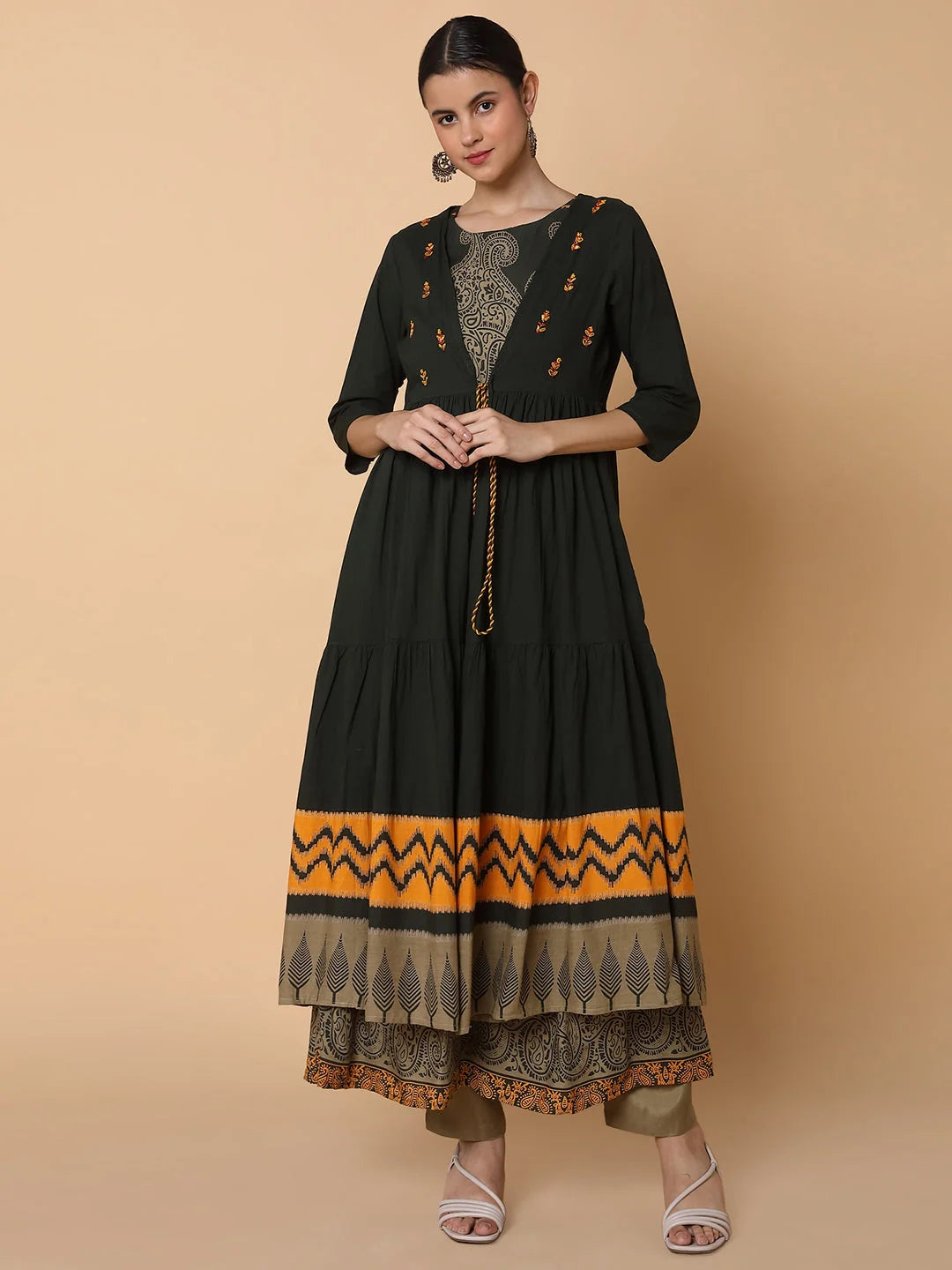 Green Ethnic Anarkali Kurta with Shrug | Anarkali Dress