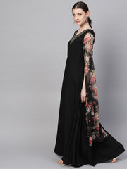 Black Printed Crepe Dress-AHKUCRCFLTDP-791