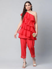 Red Printed Layered Organza Top with Trousers-AHKUPN-COMBO-322-FF