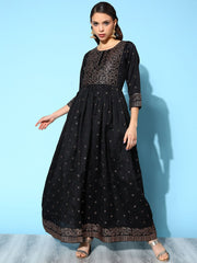 Black Poly Silk Printed Dress-AHDRPSLP-916-FF
