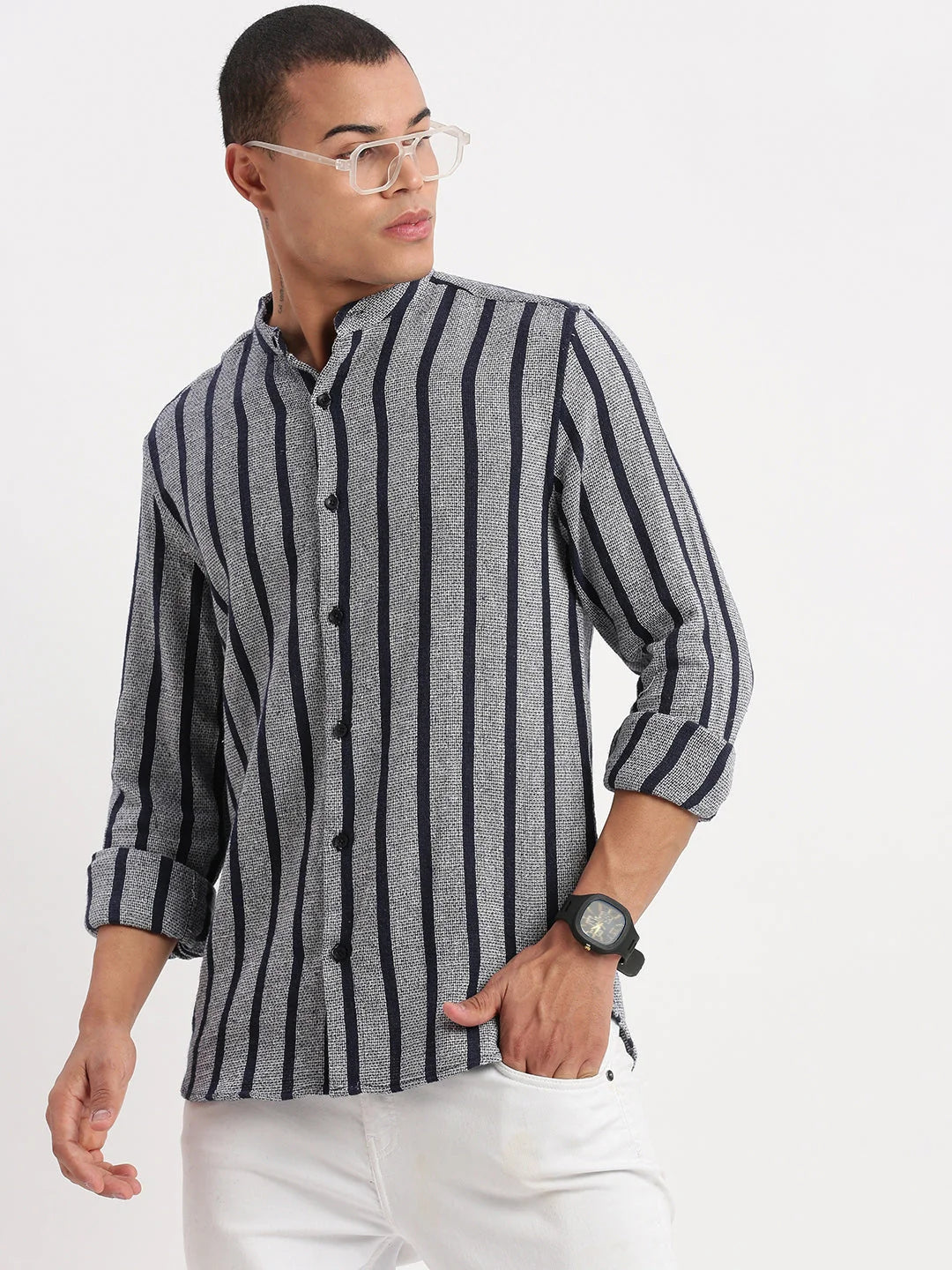 Navy Blue Striped Mens Shirt | Mandarin Collar Cotton Shirt