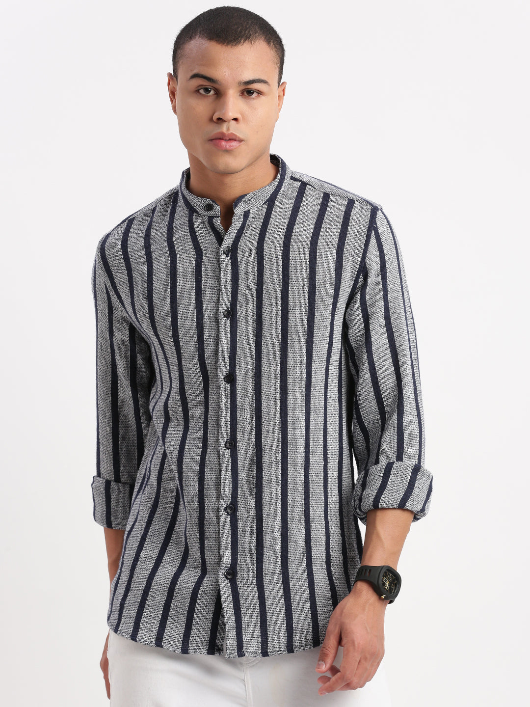 Navy Blue Striped Mens Shirt | Mandarin Collar Cotton Shirt