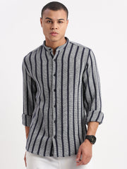 Men Mandarin Collar Vertical Stripes Navy Blue Shirt-George-2515-Navyblue