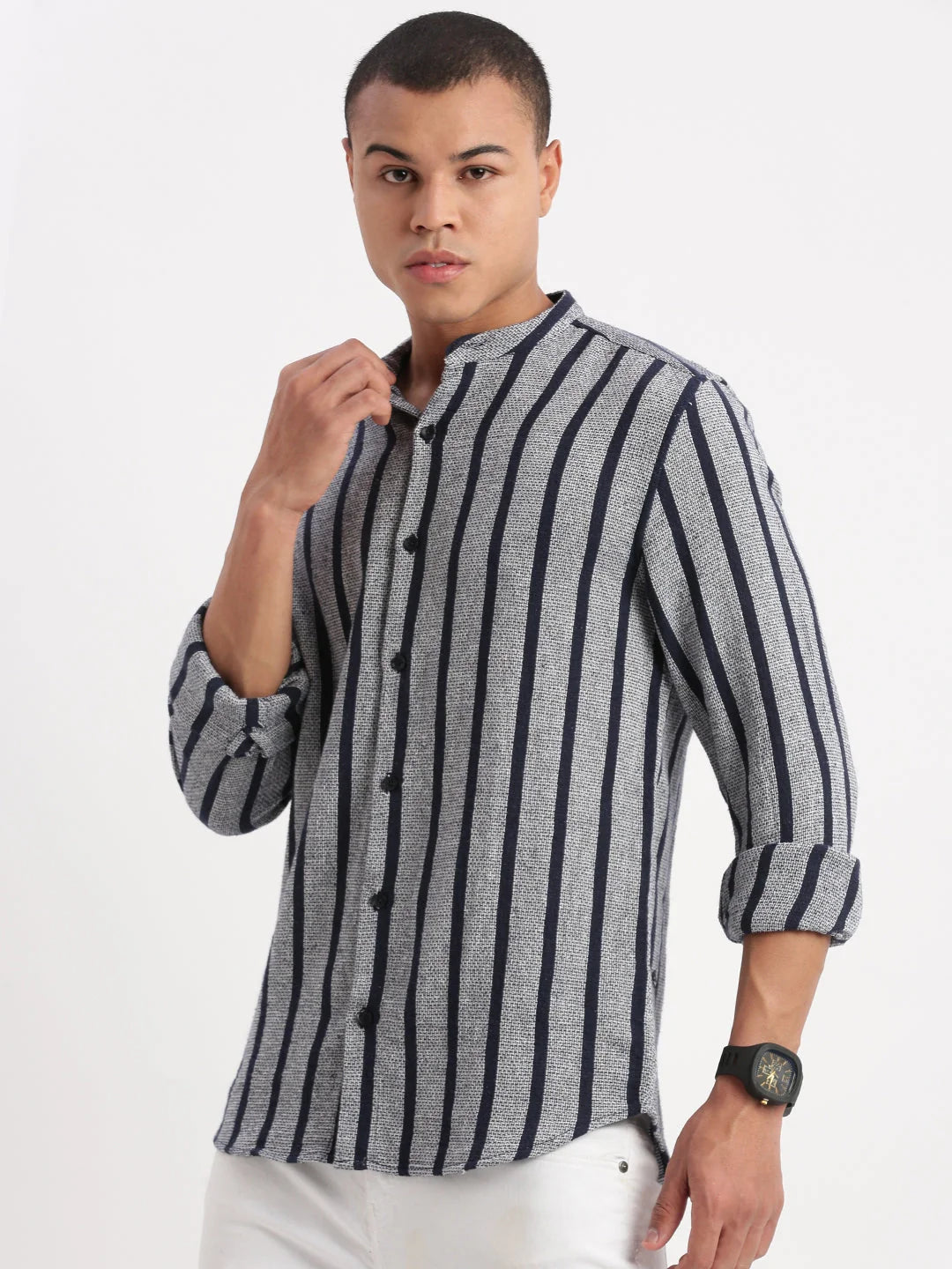 Navy Blue Striped Mens Shirt | Mandarin Collar Cotton Shirt