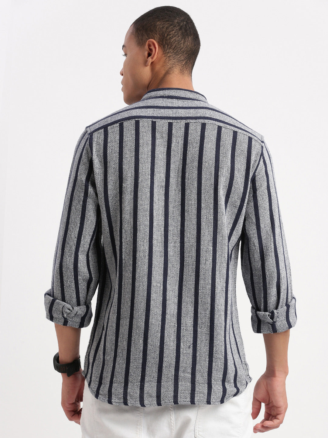 Navy Blue Striped Mens Shirt | Mandarin Collar Cotton Shirt