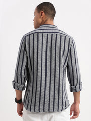 Men Mandarin Collar Vertical Stripes Navy Blue Shirt-George-2515-Navyblue