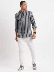Men Mandarin Collar Vertical Stripes Navy Blue Shirt-George-2515-Navyblue