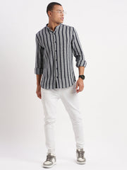 Men Mandarin Collar Vertical Stripes Navy Blue Shirt-George-2515-Navyblue