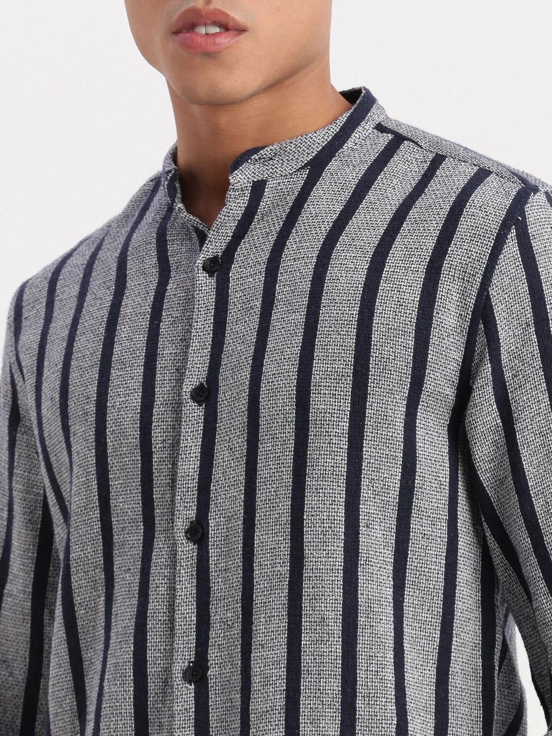 Navy Blue Striped Mens Shirt | Mandarin Collar Cotton Shirt