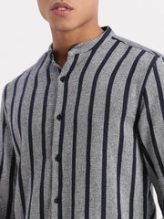 Men Mandarin Collar Vertical Stripes Navy Blue Shirt-George-2515-Navyblue