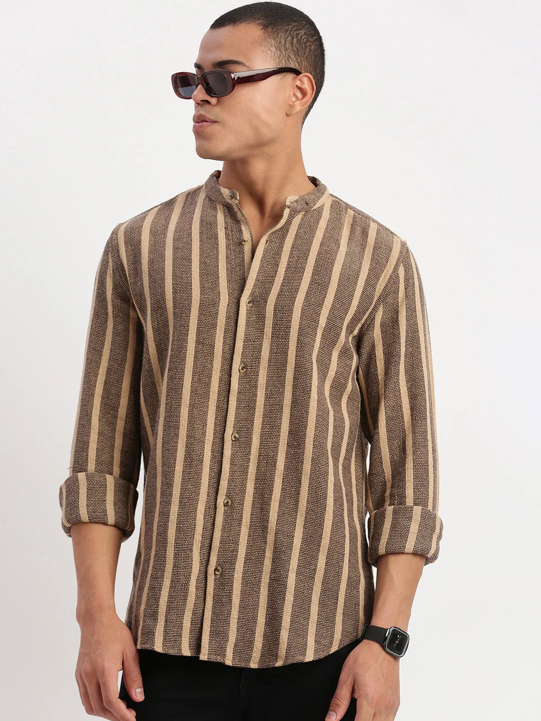 Trendy Brown Striped Cotton Mens Shirt | Mandarin Collar - DesiQlo