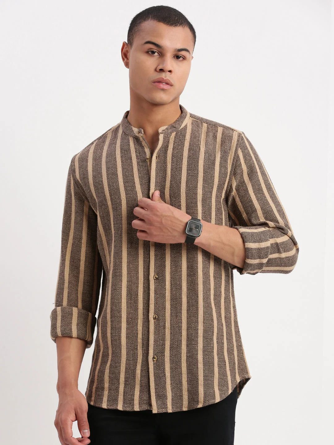 Trendy Brown Striped Cotton Mens Shirt | Mandarin Collar - DesiQlo