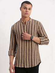 Men Mandarin Collar Vertical Stripes Brown Shirt-George-2517-Brown