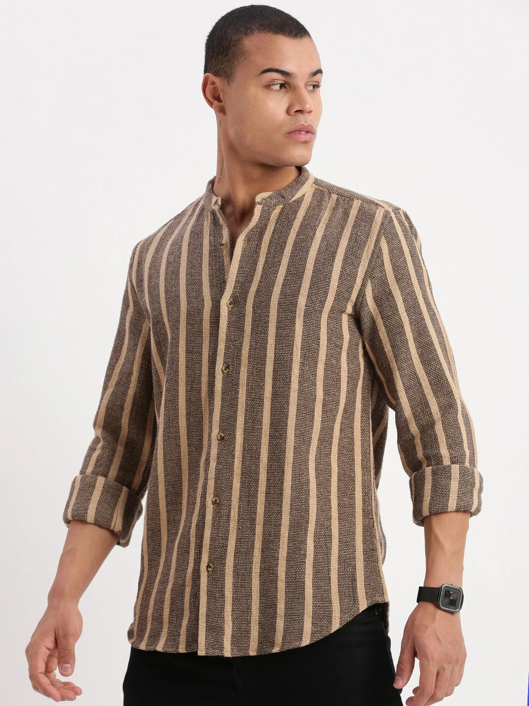 Trendy Brown Striped Cotton Mens Shirt | Mandarin Collar - DesiQlo