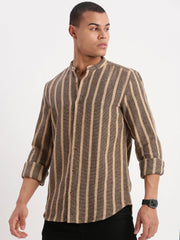 Men Mandarin Collar Vertical Stripes Brown Shirt-George-2517-Brown