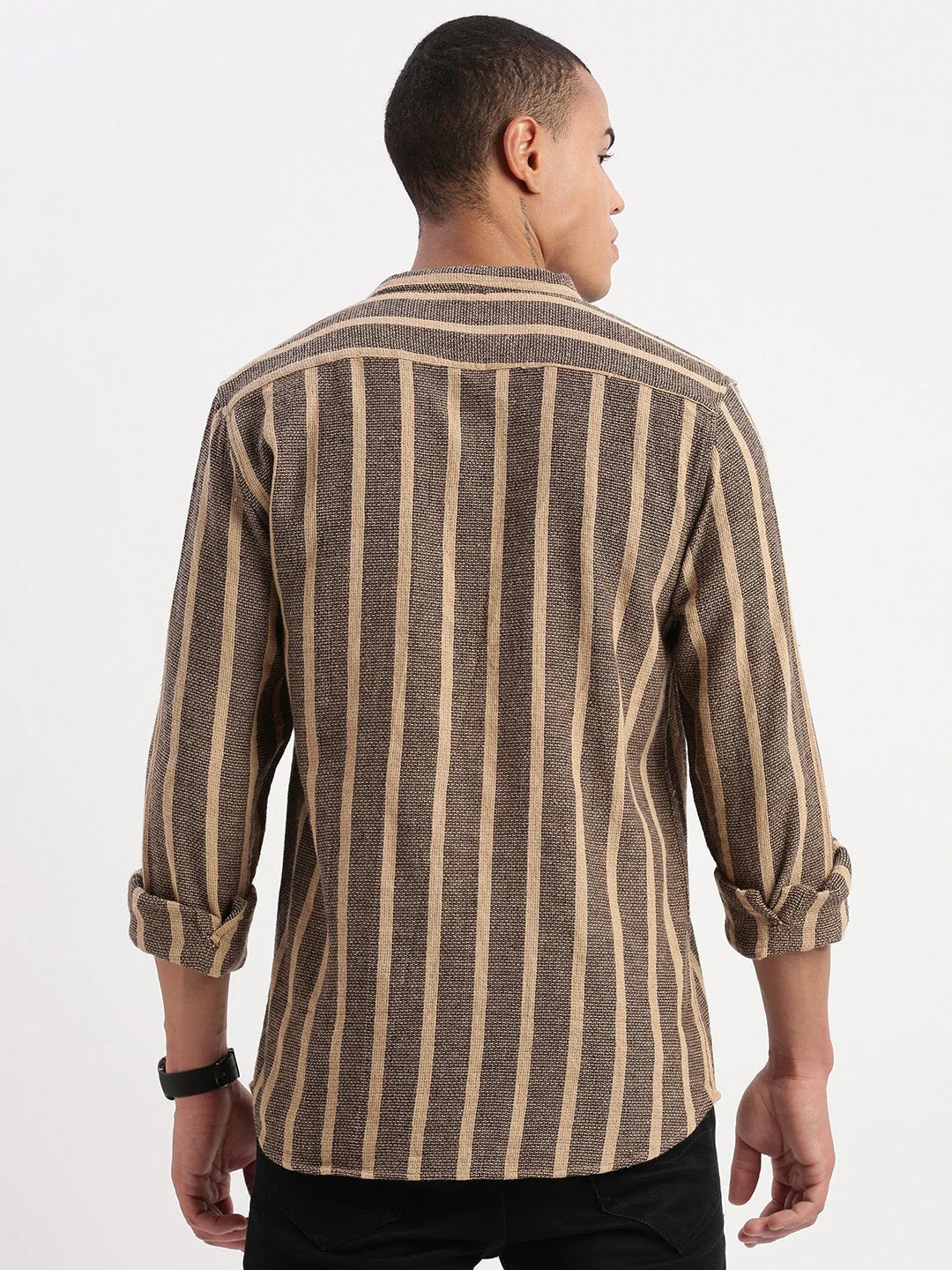 Trendy Brown Striped Cotton Mens Shirt | Mandarin Collar - DesiQlo