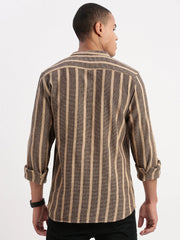 Men Mandarin Collar Vertical Stripes Brown Shirt-George-2517-Brown