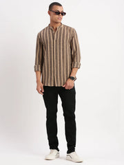 Men Mandarin Collar Vertical Stripes Brown Shirt-George-2517-Brown