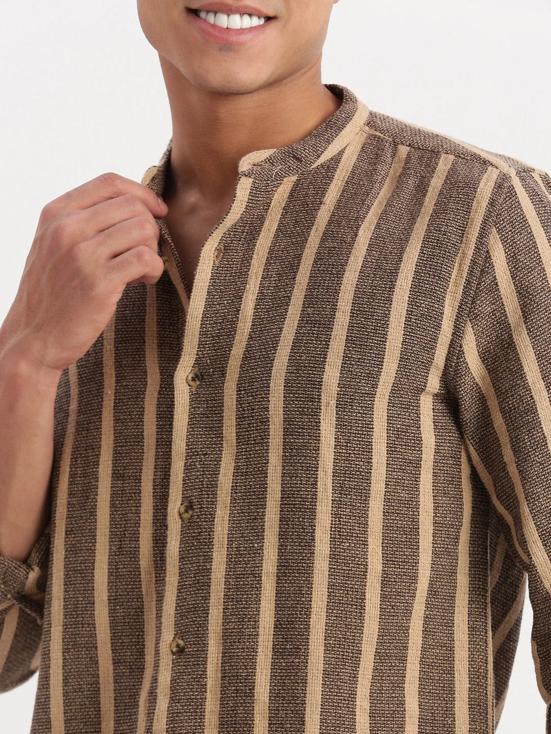 Trendy Brown Striped Cotton Mens Shirt | Mandarin Collar - DesiQlo