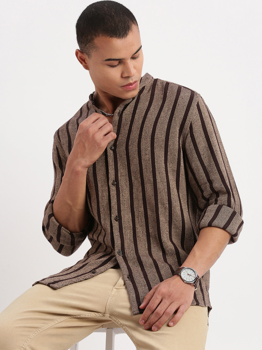 Vibrant Brown Striped Cotton Mens Shirt | Mandarin Collar - DesiQlo