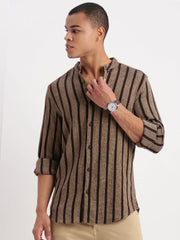 Men Mandarin Collar Vertical Stripes Brown Shirt-George-2518-Brown
