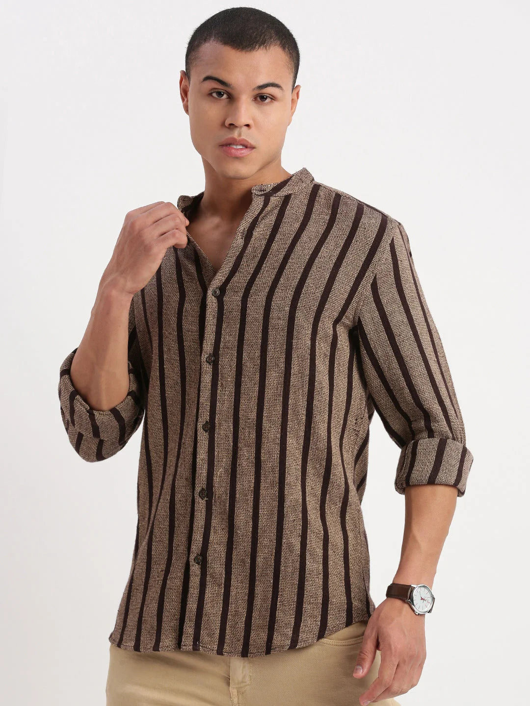 Vibrant Brown Striped Cotton Mens Shirt | Mandarin Collar - DesiQlo