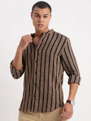 Men Mandarin Collar Vertical Stripes Brown Shirt-George-2518-Brown
