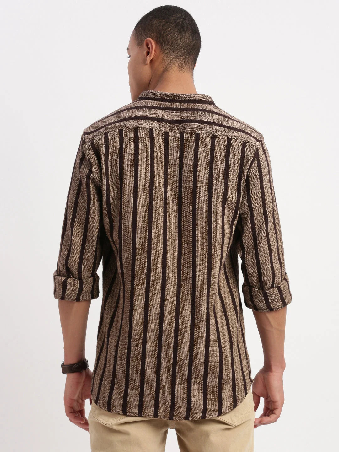 Vibrant Brown Striped Cotton Mens Shirt | Mandarin Collar - DesiQlo