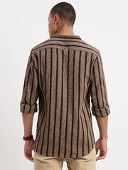 Men Mandarin Collar Vertical Stripes Brown Shirt-George-2518-Brown