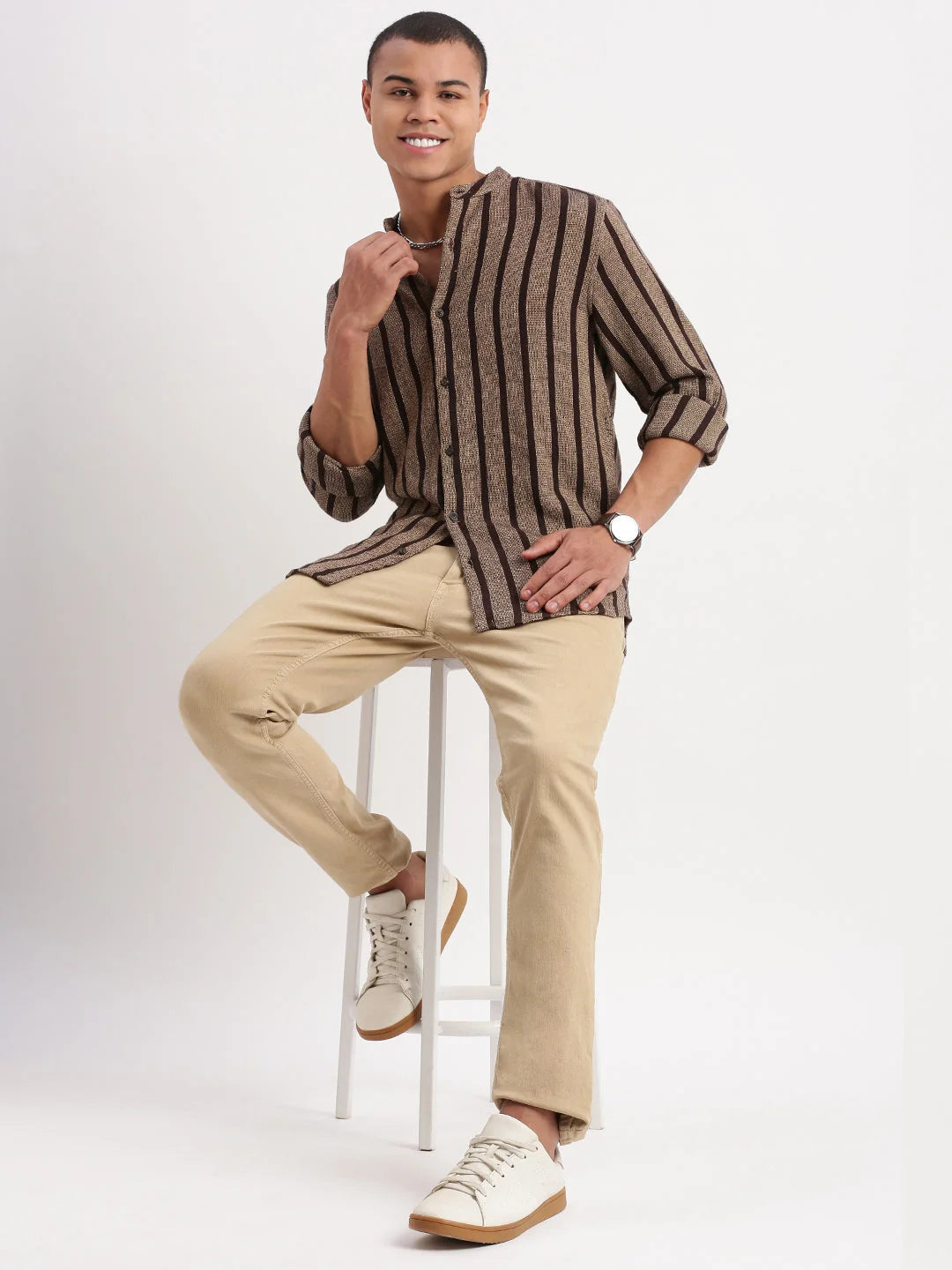 Vibrant Brown Striped Cotton Mens Shirt | Mandarin Collar - DesiQlo