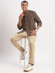 Men Mandarin Collar Vertical Stripes Brown Shirt-George-2518-Brown