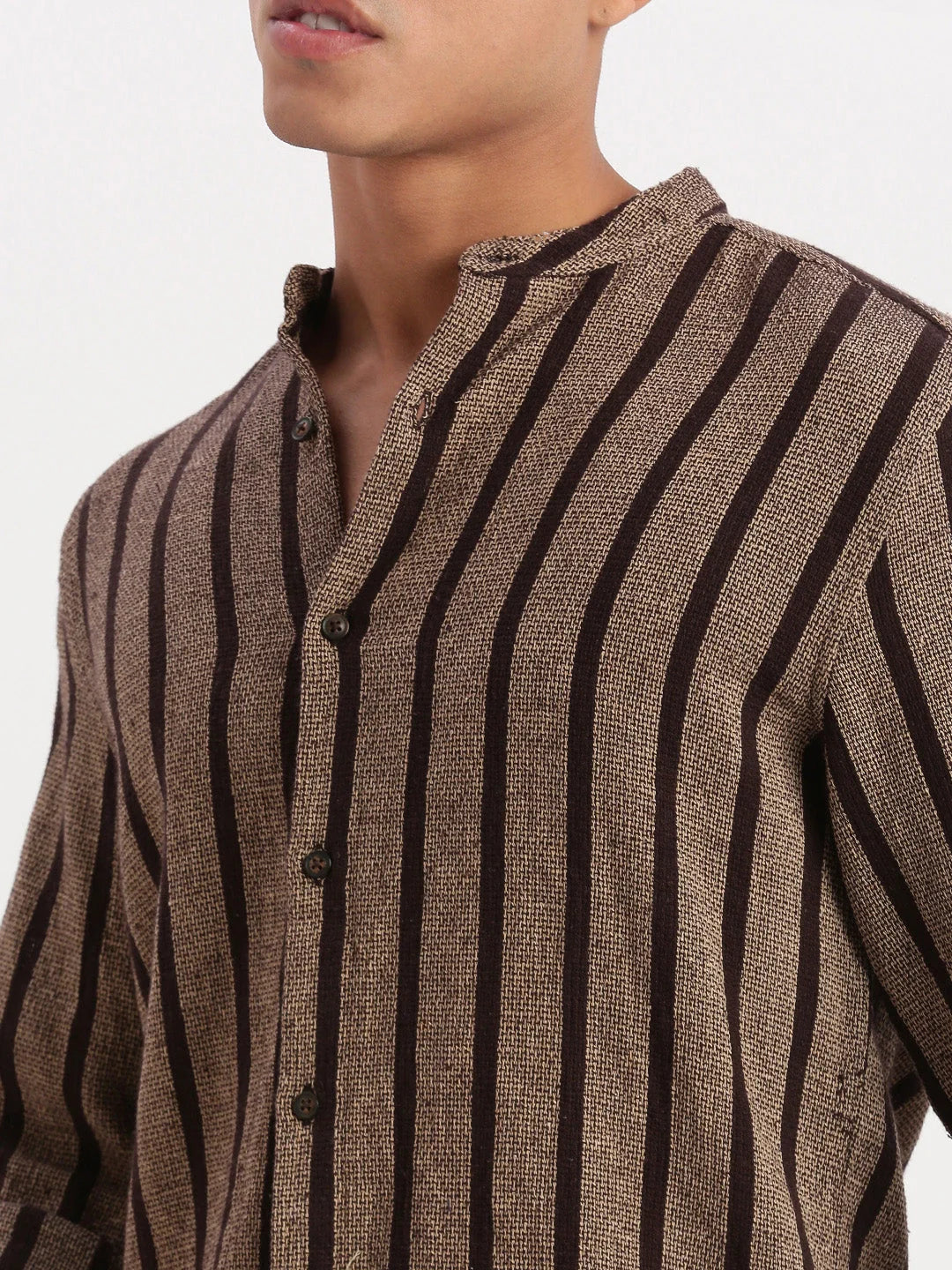 Vibrant Brown Striped Cotton Mens Shirt | Mandarin Collar - DesiQlo